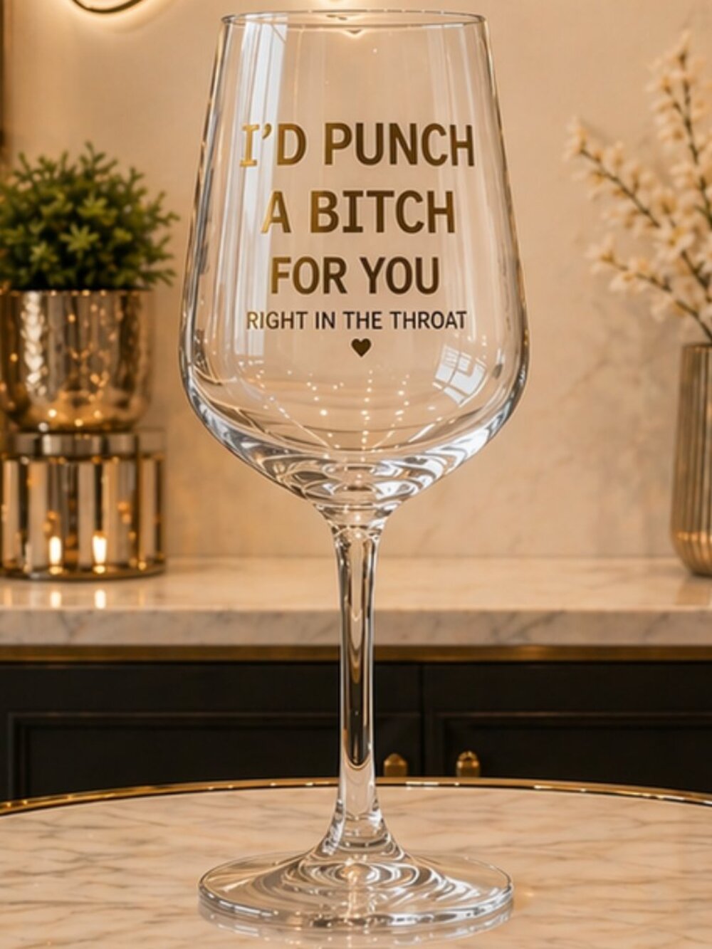 🍷✨ Sassy Gold Foil Wine Glass “I’d Punch…” Funny Gift
